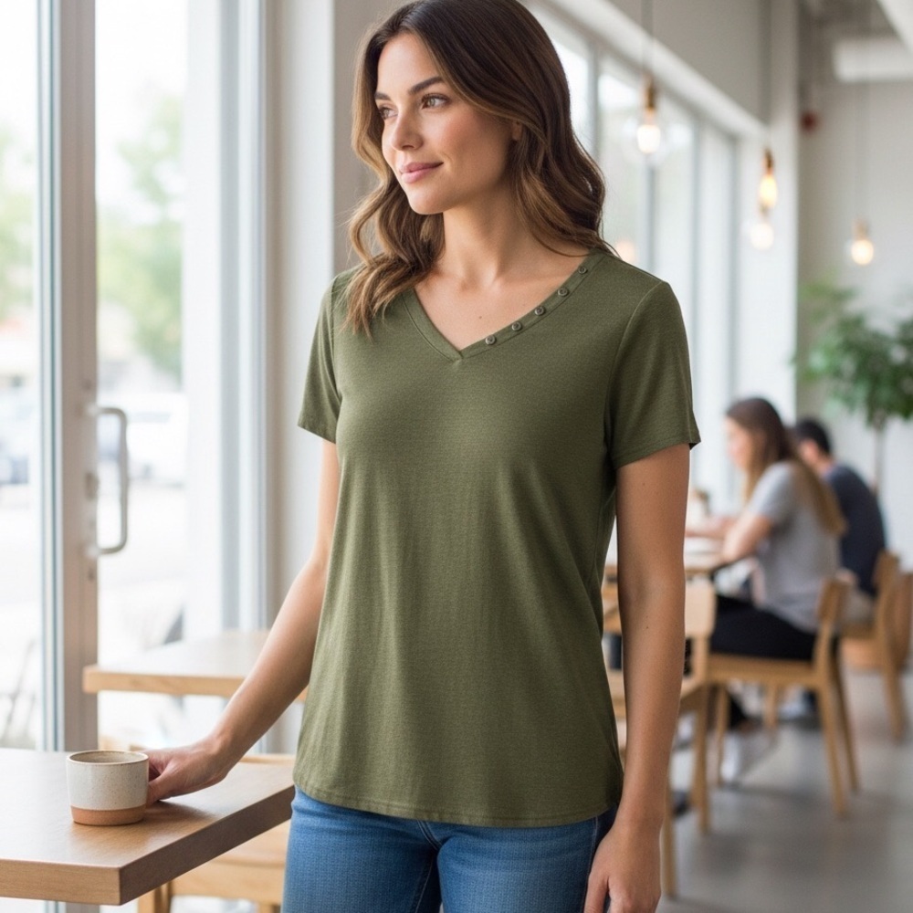 Short Sleeve Top Women’s V-Neck Button Accents Army Green Top NWOT